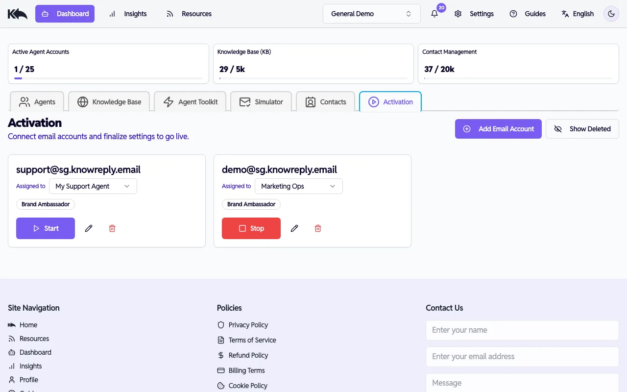 Activation page showing connected email accounts