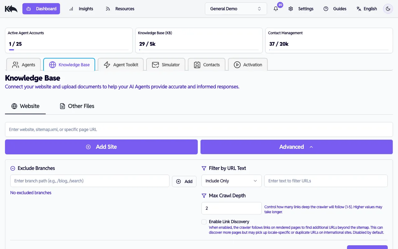 Advanced crawl options showing exclude branches, URL filter, max depth, and link discovery