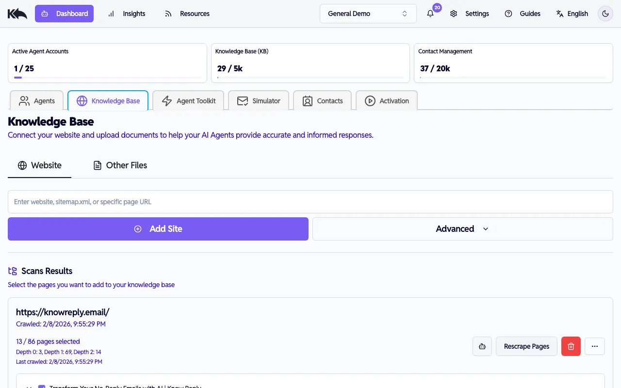 Knowledge Base tab showing content sources