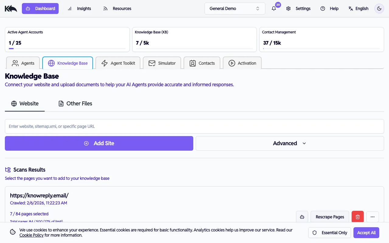 Knowledge Base tab showing content sources