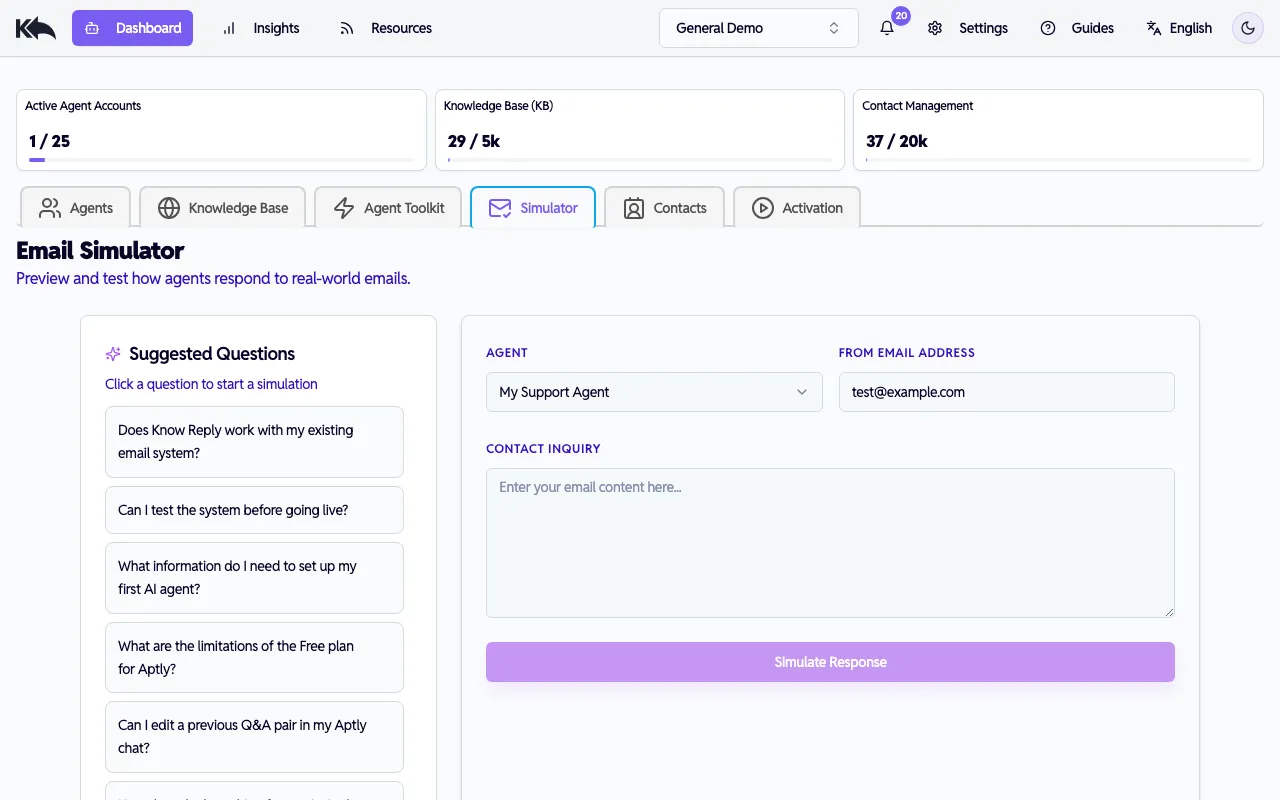 Simulator tab for testing agent responses