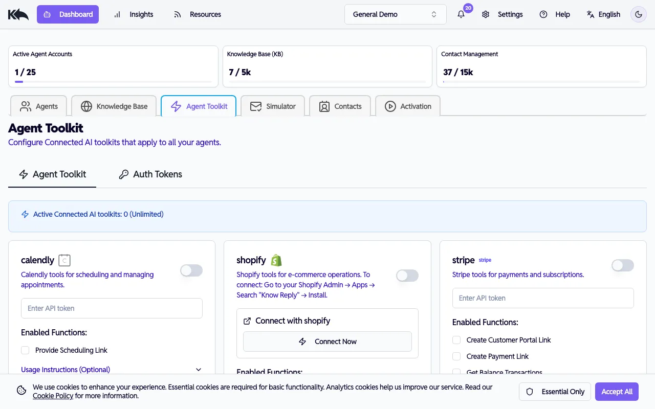 Agent Toolkit showing connected integrations