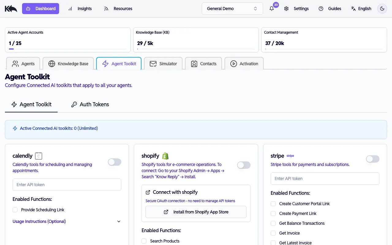 Agent Toolkit showing connected integrations