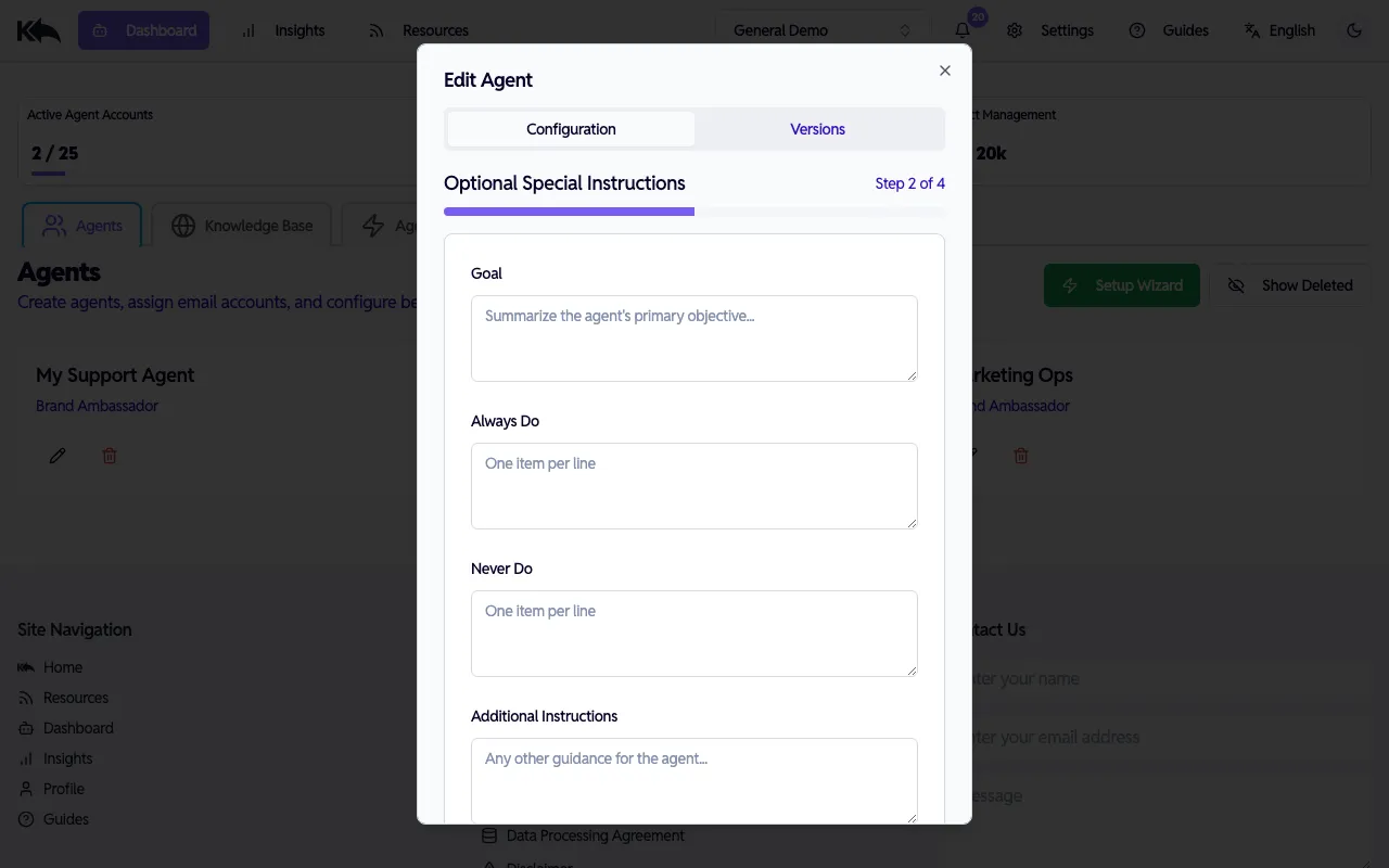 Edit Agent Step 2 — goals and behavioral rules