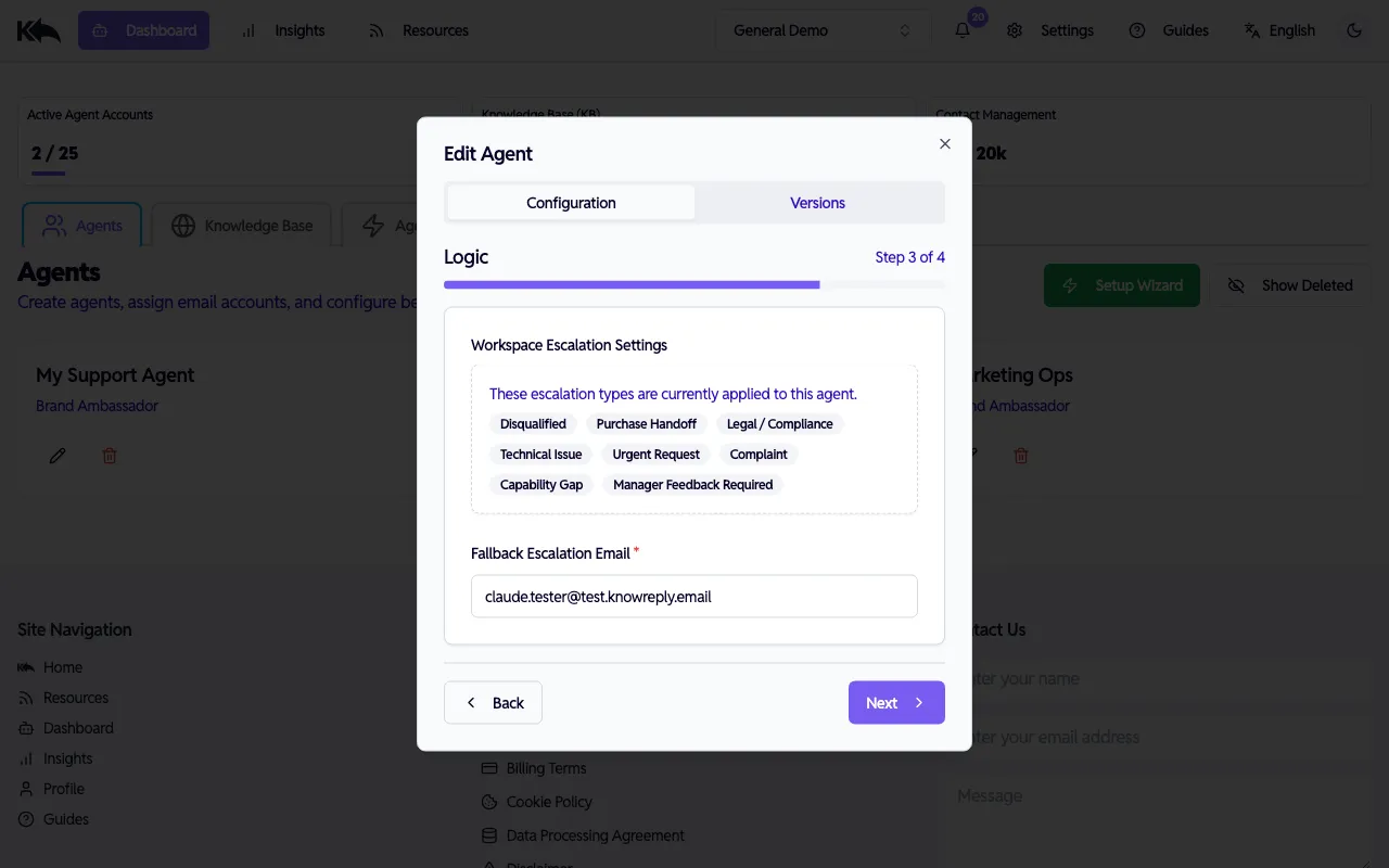 Edit Agent Step 3 — escalation types and fallback email
