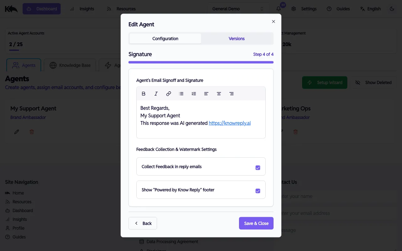 Edit Agent Step 4 — email signoff and feedback settings
