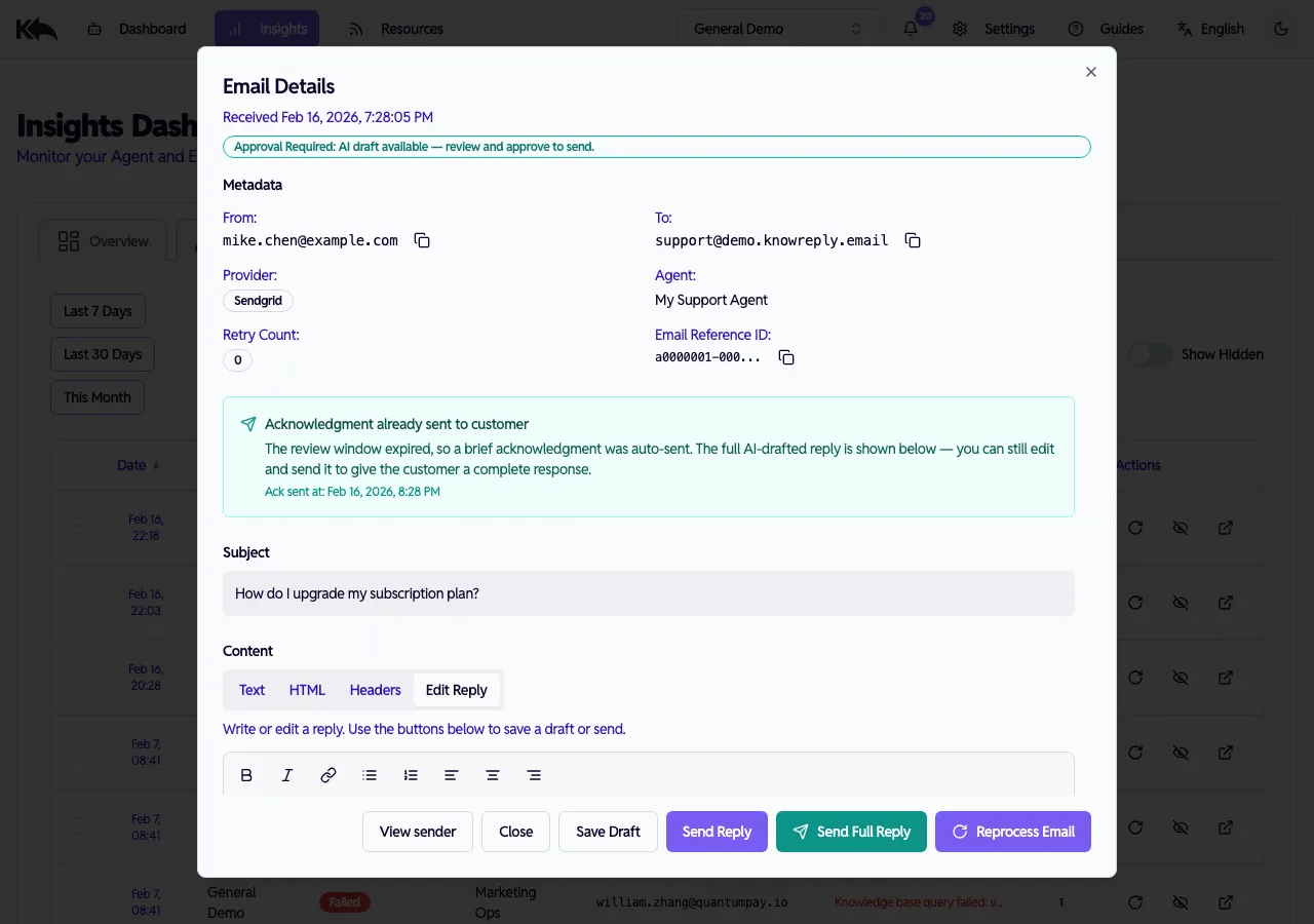 Ack sent detail showing the acknowledgment was already sent with Send Full Reply option