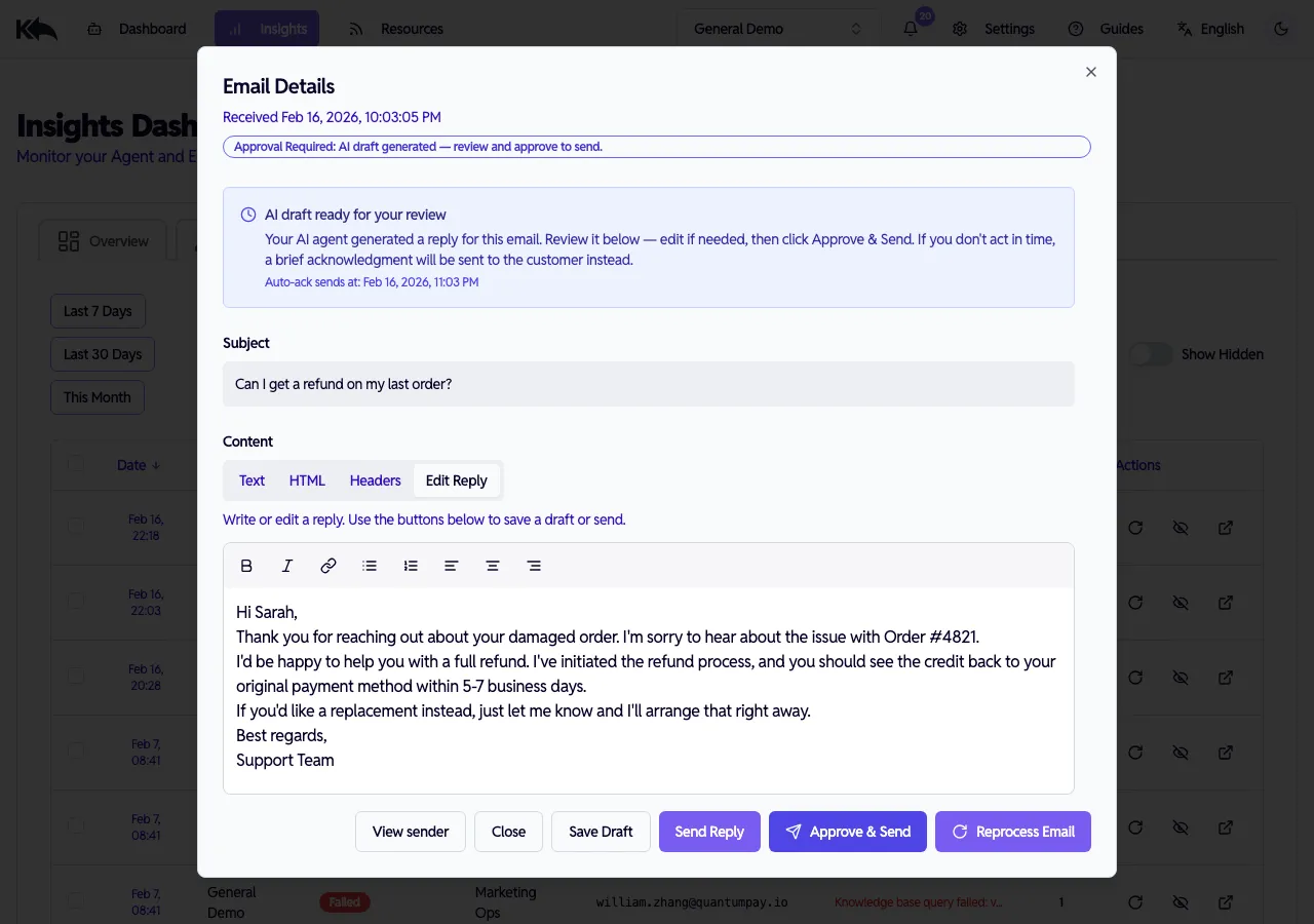 Edit Reply tab showing the AI-drafted response in a WYSIWYG editor with Approve and Send button