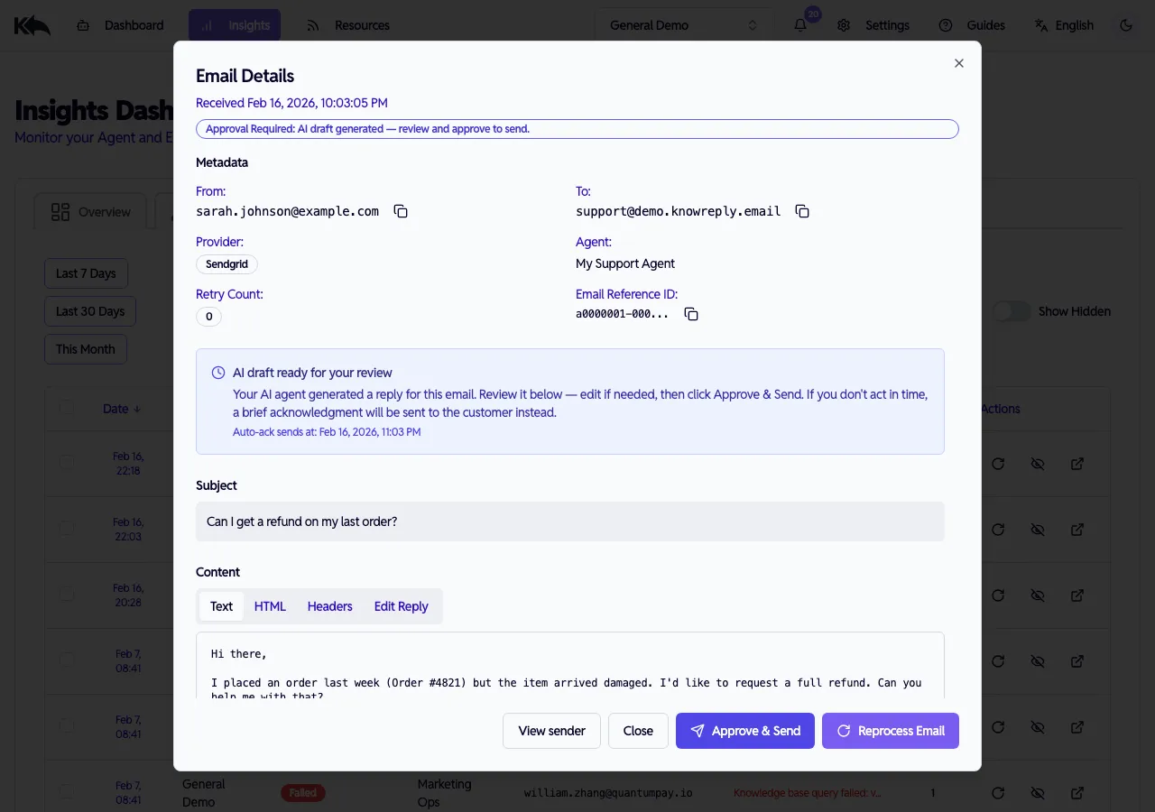 Text tab showing the customer's original email message