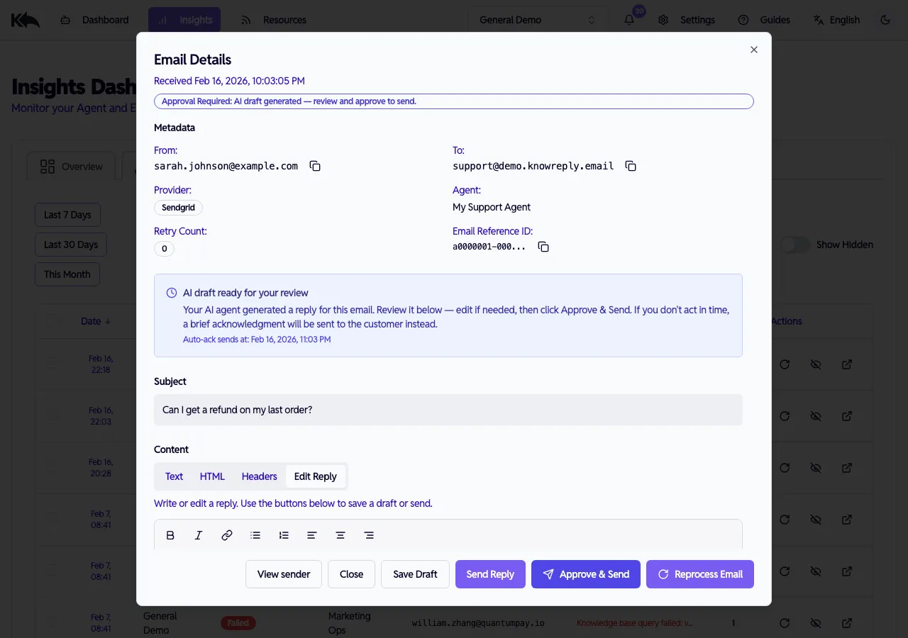 Email detail modal showing the AI draft ready for review with metadata and auto-ack countdown