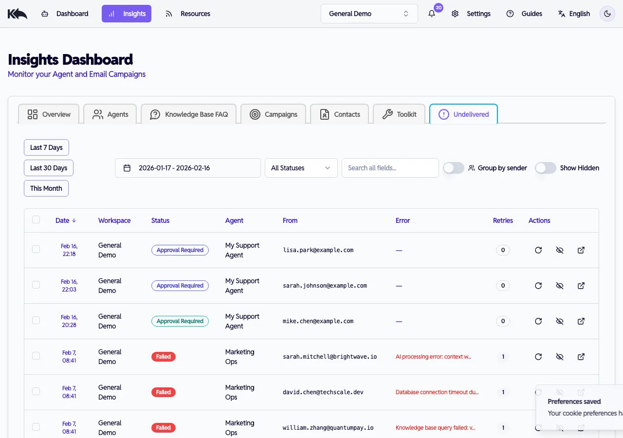 Undelivered tab showing emails awaiting review with Approval Required status badges