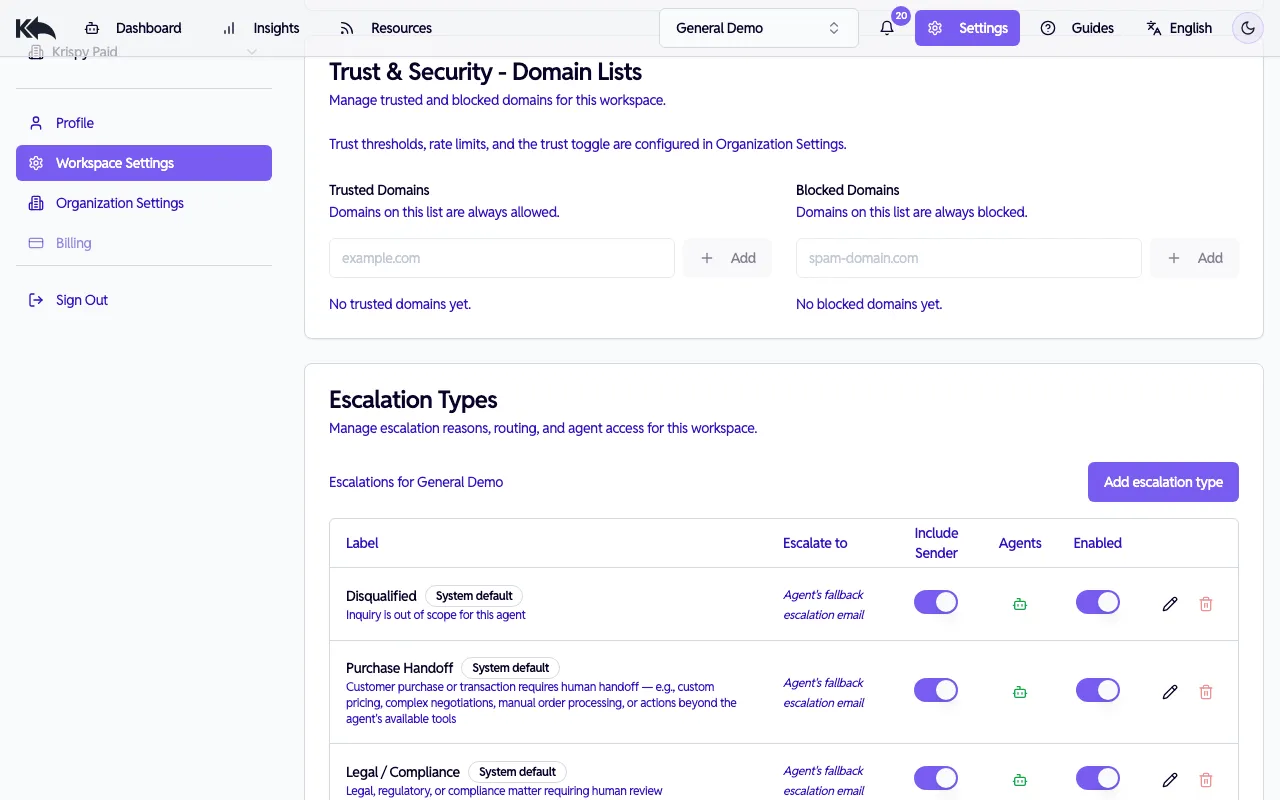 Escalation types management in workspace settings