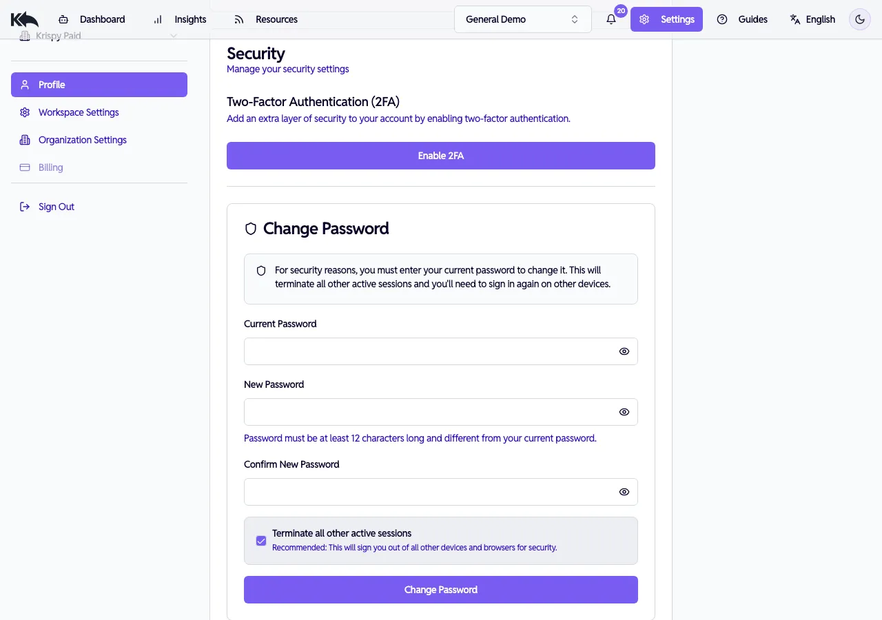 Security settings showing Two-Factor Authentication and Change Password sections