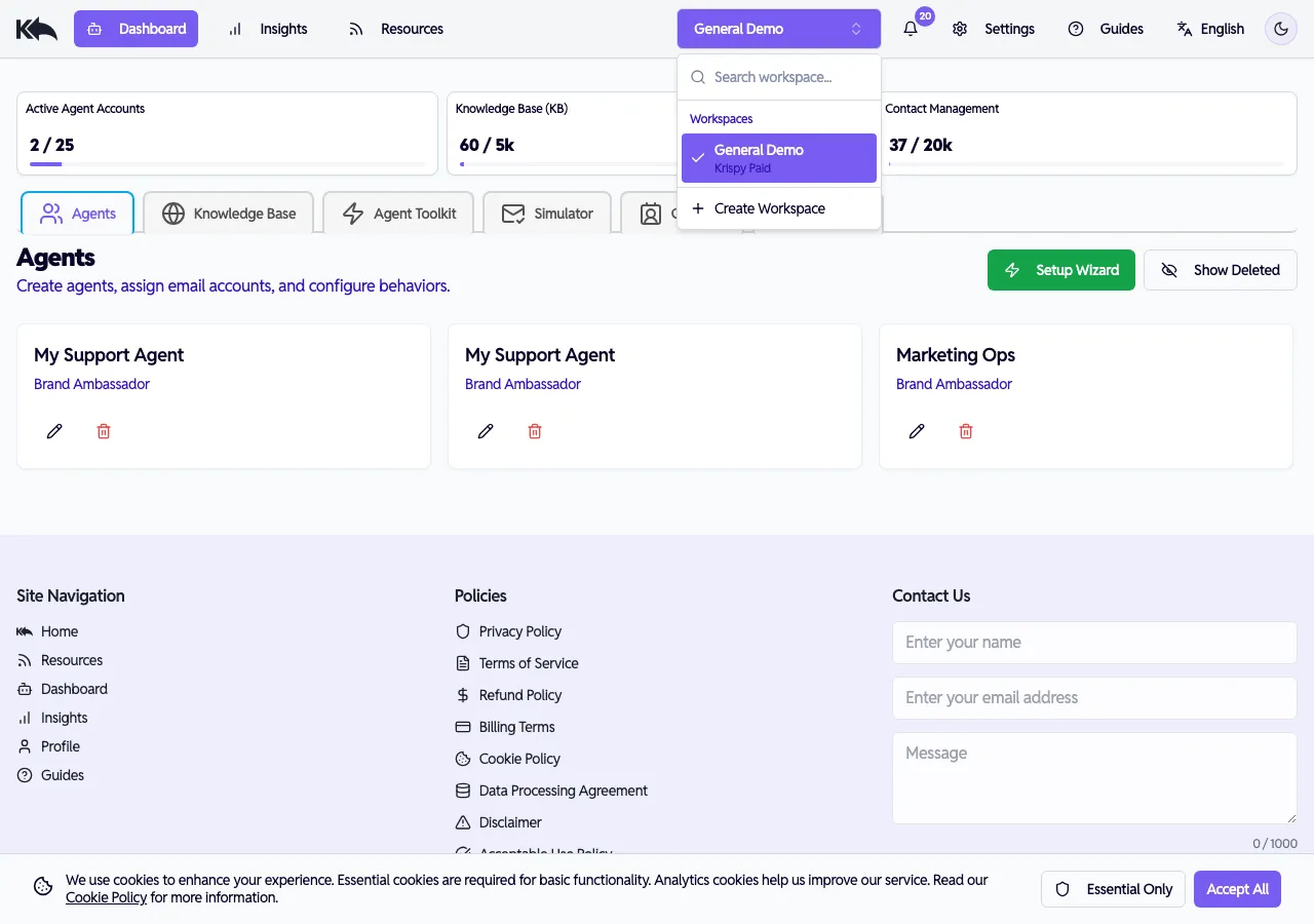 Workspace switcher dropdown showing available workspaces with search and Create Workspace option