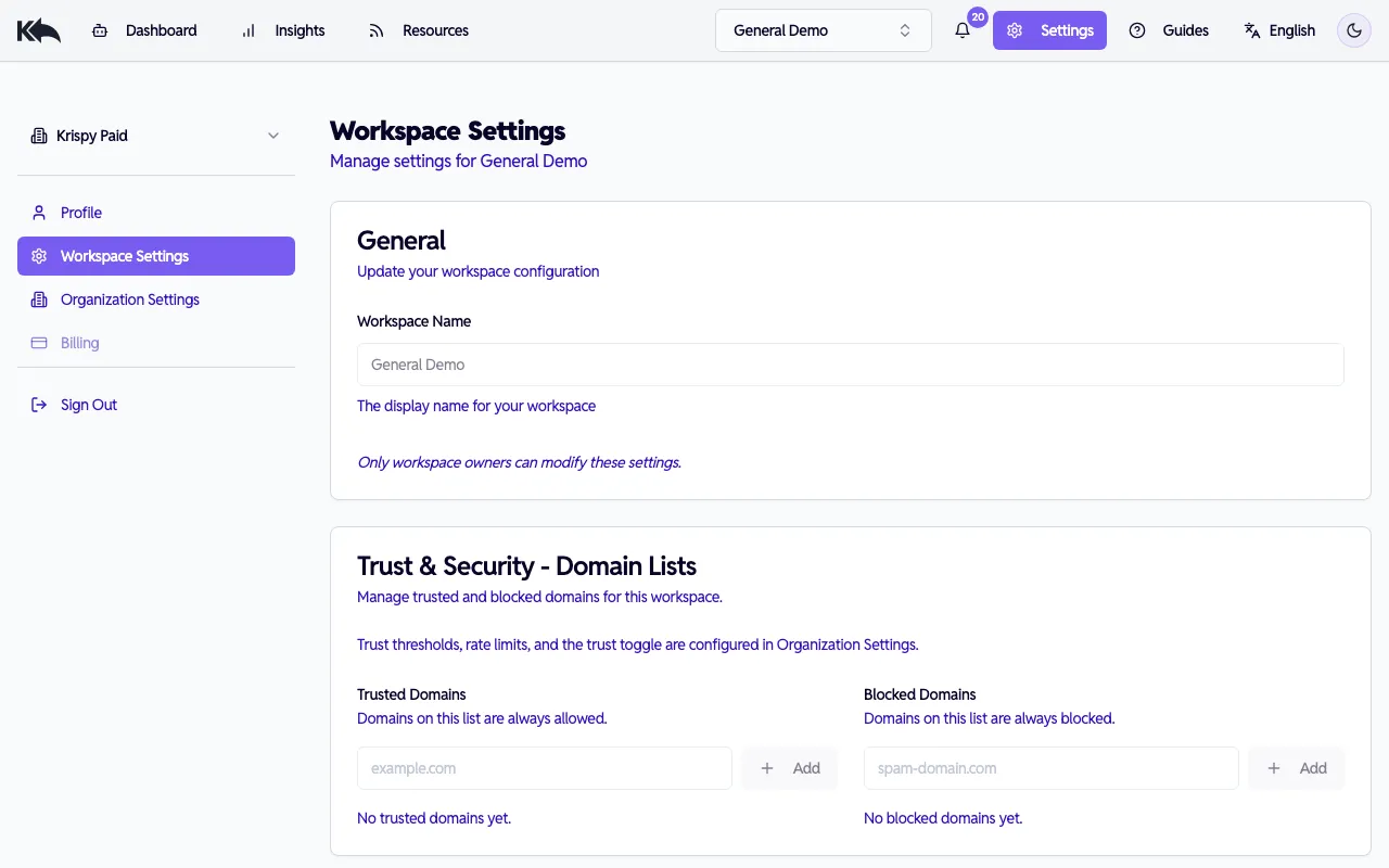 Settings workspace management showing team members table with roles