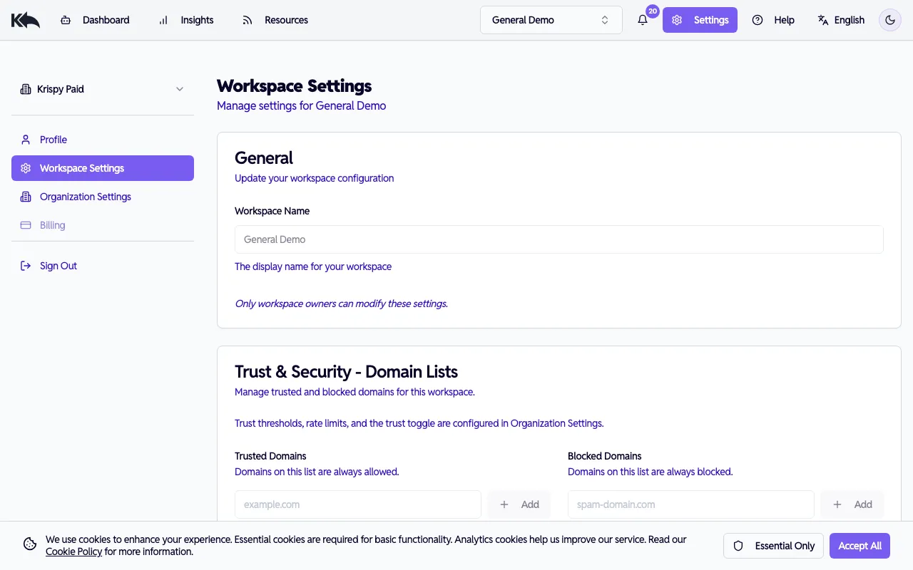 Settings workspace management